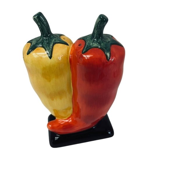 Clay Art Hand Painted Chili Pepper Salt & Pepper Shakers Ceramic 12" Red Yellow - Picture 2 of 6